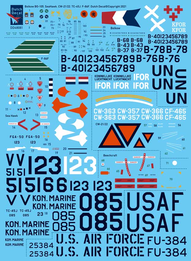 Dutch Decal 1/48 CW 21/22 Bolkow BO-105 Hawker Seahawk F-86F Sabre