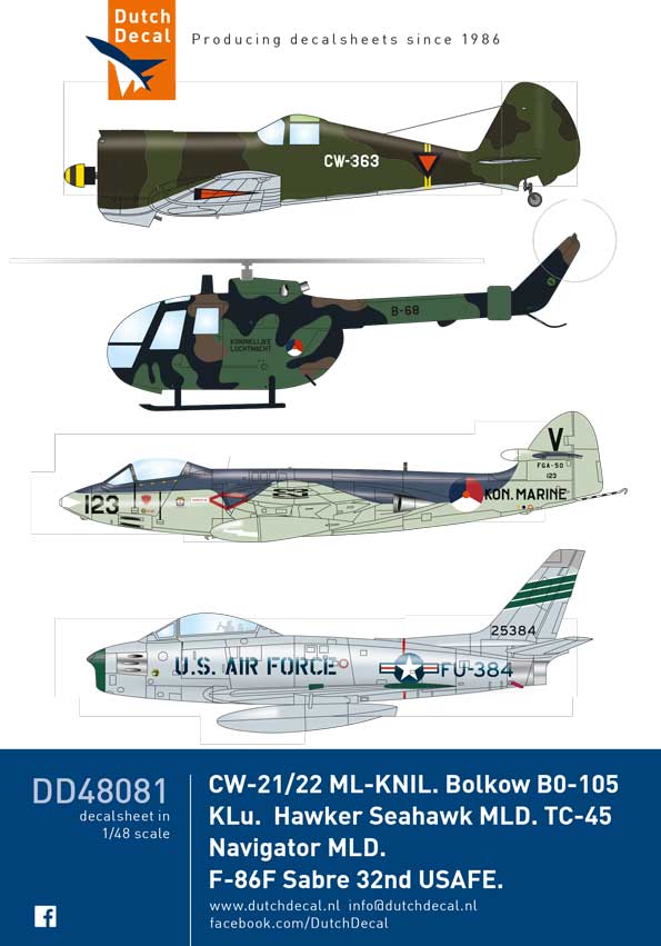 Dutch Decal 1/48 CW 21/22 Bolcow BO-105 Hawker Seahawk F-86F Sabre