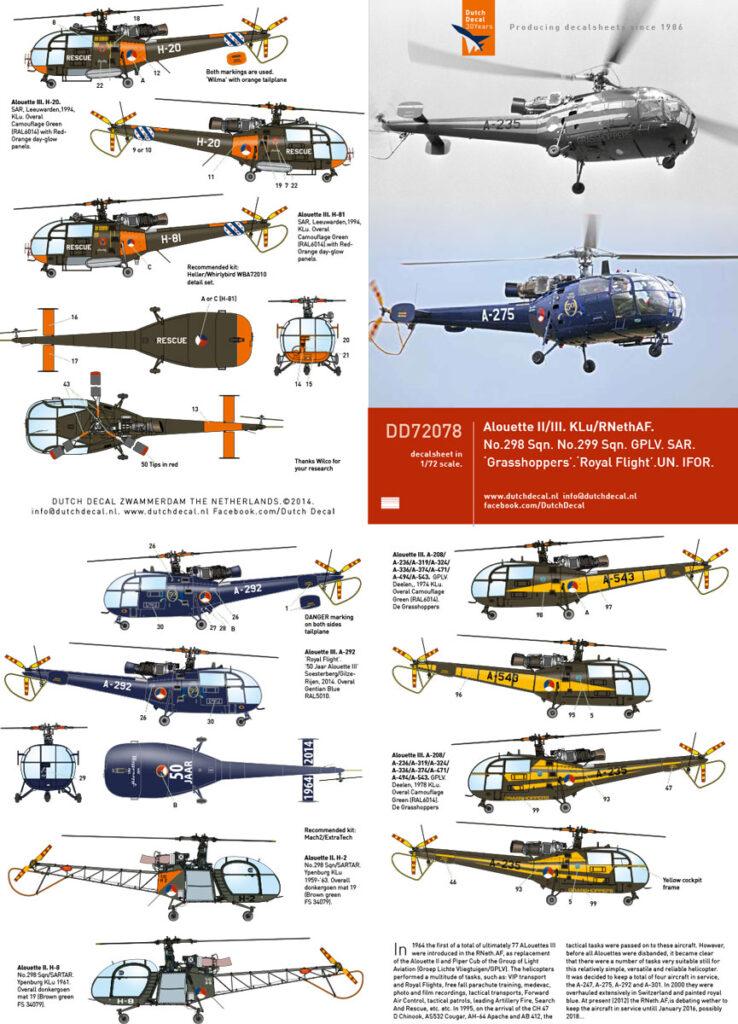 Dutch Decal 1/72 Alouette II/III KLu No 298 Sqn No 299 Sqn