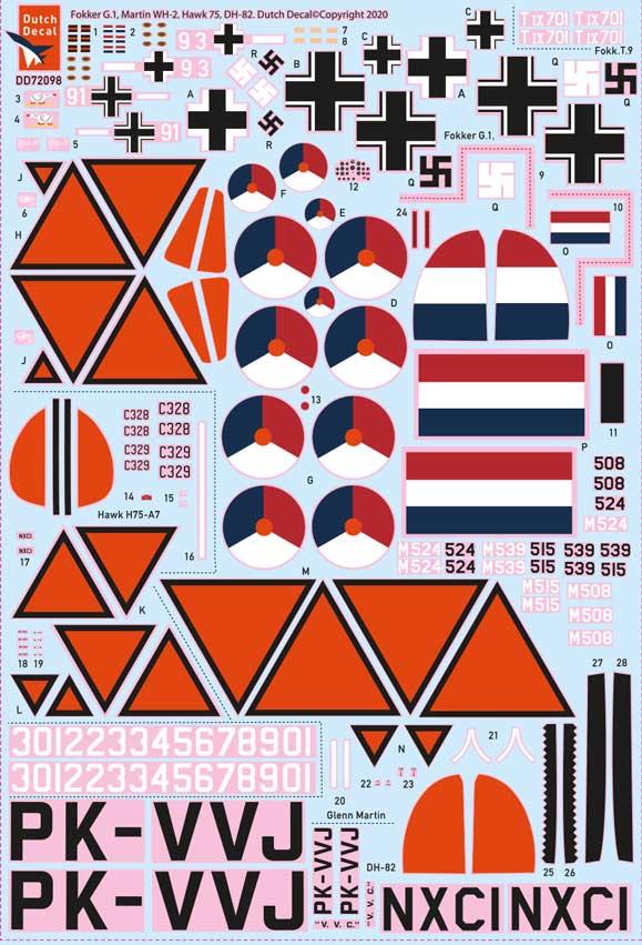 Dutch Decal 1/72 Fokker G-1 Hawk 75 Martin 139 Tiger Moth DH-82