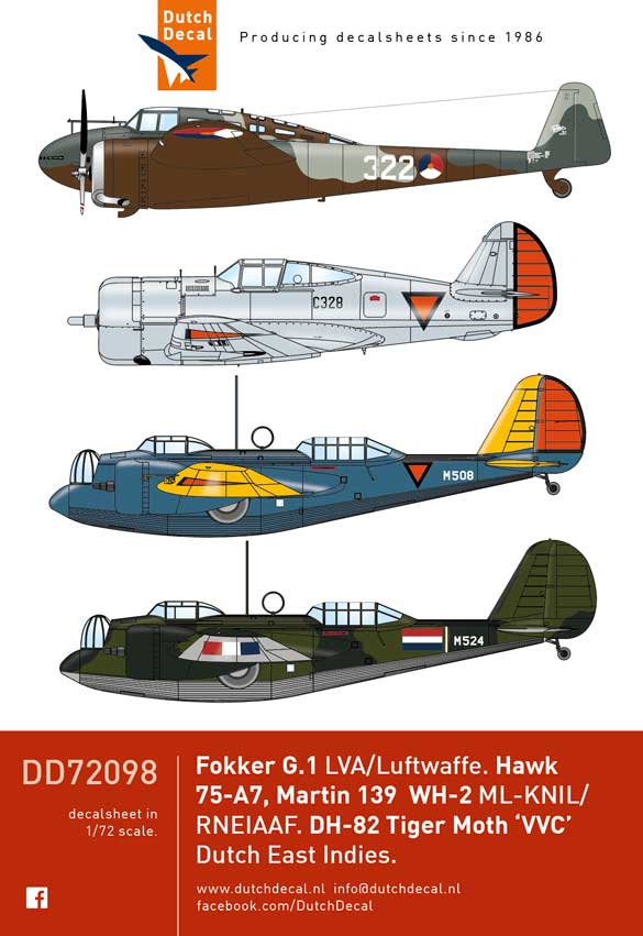 Dutch Decal 1/72 Fokker G-1 Hawk 75 Martin 139 Tiger Moth DH-82