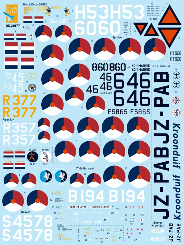 Dutch Decal 1/48 Piper L-4 DHC Beaver AT-16 Harvard Sea Fury Spitfire