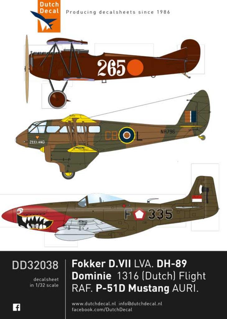 Dutch Decals 1/32 Fokker DVII LVA, P-51D/K AURI, DH-89 Dominie 1316 Dutch Flight RAF