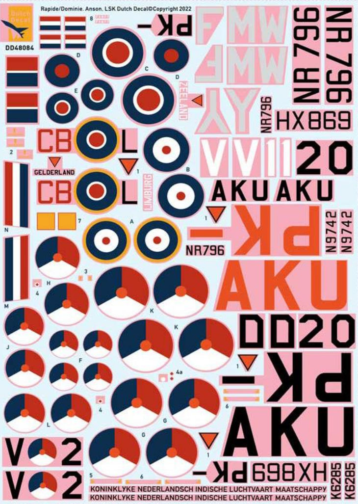 Dutch Decal 1/48 Avro Anson DH Rapide Dominie LSK KNILM