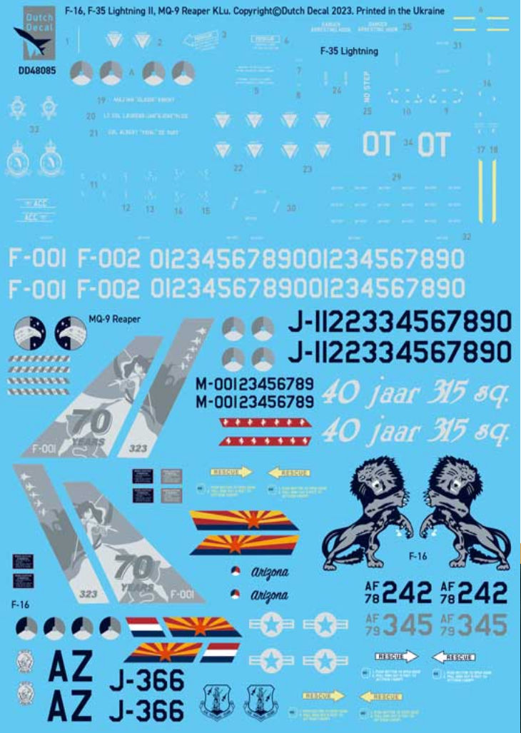 Dutch Decal 1/48 F-16 F-35 Lightning 'up-date' MQ-9 Reaper KLu